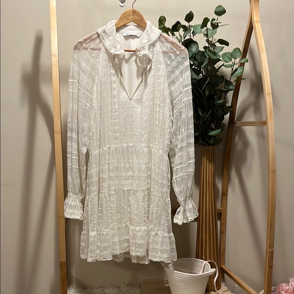 Zara White Lined Lace with Sheer Long Sleeve Dress a314